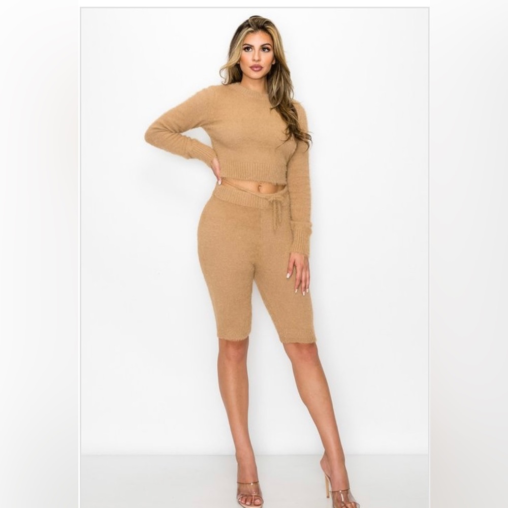 Tan two piece short set.
